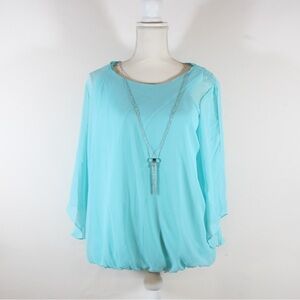 Serengeti Aqua Sheer Cold Shoulder Blouson Top with Detachable Necklace NWOT